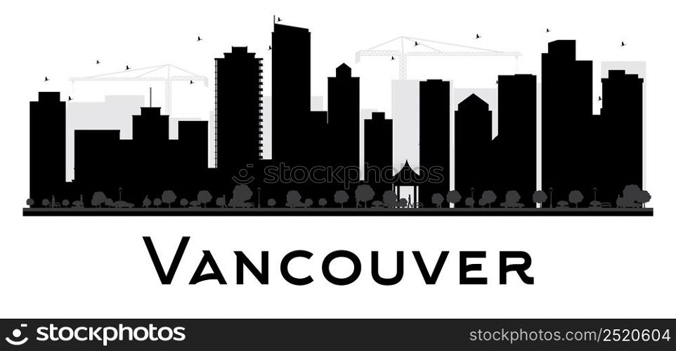 Vancouver City skyline black and white silhouette. Vector illustration. Simple flat concept for tourism presentation, banner, placard or web site. Business travel concept. Cityscape with famous landmarks