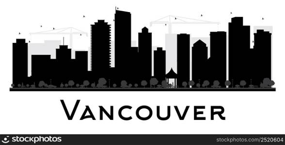Vancouver City skyline black and white silhouette. Vector illustration. Simple flat concept for tourism presentation, banner, placard or web site. Business travel concept. Cityscape with famous landmarks