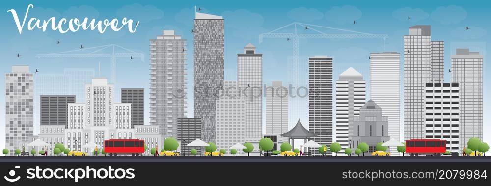 Vancouver skyline with grey buildings and blue sky. Vector illustration. Business travel and tourism concept with modern buildings. Image for presentation, banner, placard and web site.