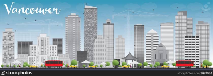 Vancouver skyline with grey buildings and blue sky. Vector illustration. Business travel and tourism concept with modern buildings. Image for presentation, banner, placard and web site.