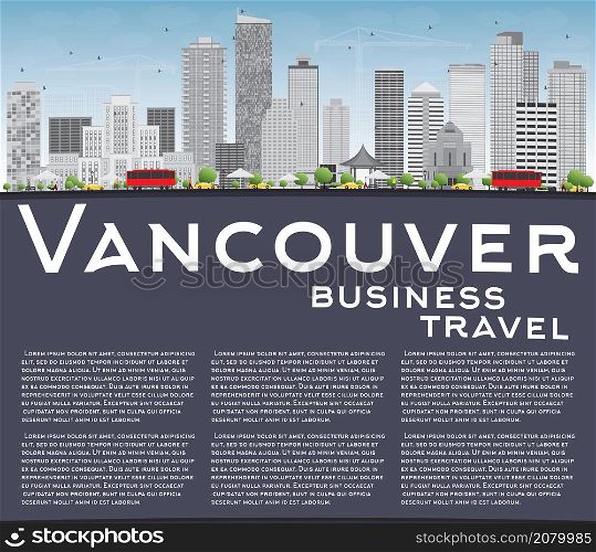 Vancouver skyline with grey buildings, blue sky and copy space. Vector illustration. Business travel and tourism concept with place for text. Image for presentation, banner, placard and web site.