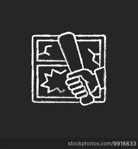 Vandalism chalk white icon on black background. Property crime. Causing home damage and destruction. Breaking windows. Ransacking houses. Malicious mischief. Isolated vector chalkboard illustration. Vandalism chalk white icon on black background