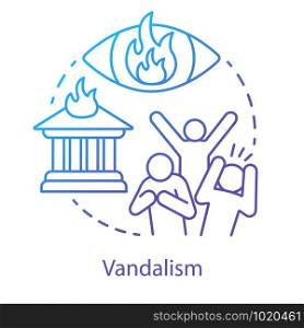 Vandalism concept icon. Civil unrest, property damage, mob violence idea thin line illustration. Aggressive crowd, burning house and flaming eye vector isolated outline drawing. Violent protest