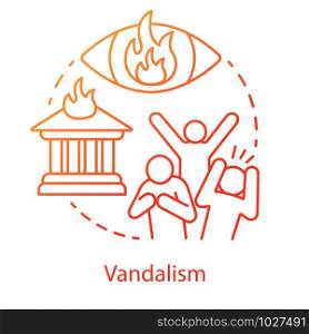 Vandalism concept icon. Civil unrest, property destruction, mob violence idea thin line illustration. Aggressive crowd, burning house and flaming eye vector isolated outline drawing. Violent protest