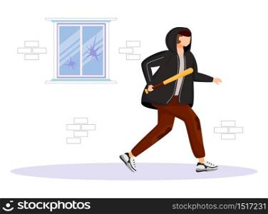 Vandalism flat color vector faceless character. Vandal broke window glass with baseball bat. Street bully. Escaping criminal. Public, private property destruction. Isolated cartoon illustration