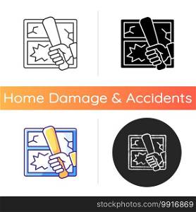 Vandalism icon. Property crime. Causing home damage and destruction. Breaking windows. Ransacking houses. Malicious mischief. Linear black and RGB color styles. Isolated vector illustrations. Vandalism icon