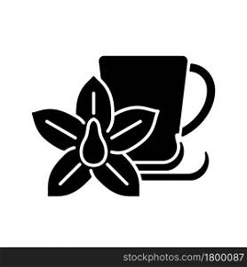 Vanilla chai tea black glyph icon. Indian flavoured beverage. Tea like drink made of anise, cardamom and cinnamon. Creamy spicy tea. Silhouette symbol on white space. Vector isolated illustration. Vanilla chai tea black glyph icon