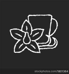 Vanilla chai tea chalk white icon on dark background. Indian flavoured beverage. Tea like drink made of anise, cardamom and cinnamon. Creamy spicy tea. Isolated vector chalkboard illustration on black. Vanilla chai tea chalk white icon on dark background