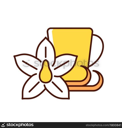 Vanilla chai tea RGB color icon. Indian flavoured beverage. Tea like drink made of anise, cardamom and cinnamon. Creamy spicy tea. Isolated vector illustration. Simple filled line drawing. Vanilla chai tea RGB color icon