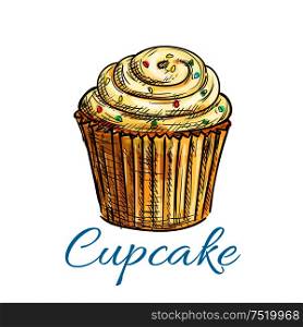 Vanilla cupcake isolated sketch with lemon cream icing and sprinkles. Cake shop and pastry symbol, cafe dessert menu design. Cupcake isolated sketch with cream and sprinkles