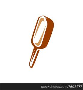 Vanilla ice cream in chocolate glaze on wooden stick isolated. Vector popsicle ice-cream. Popsicle ice-cream on stick isolated