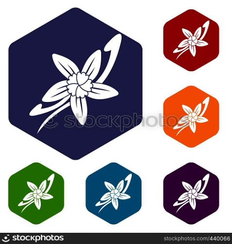 Vanilla sticks with a flower icons set hexagon isolated vector illustration. Vanilla sticks with a flower icons set hexagon