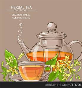 vanilla tea illustration. cup of vanilla tea and teapot on color background