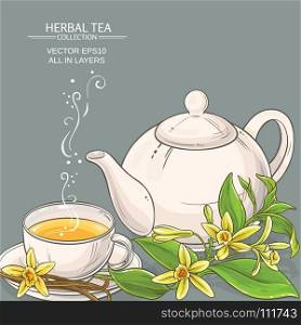 vanilla tea illustration. cup of vanilla tea and teapot on color background