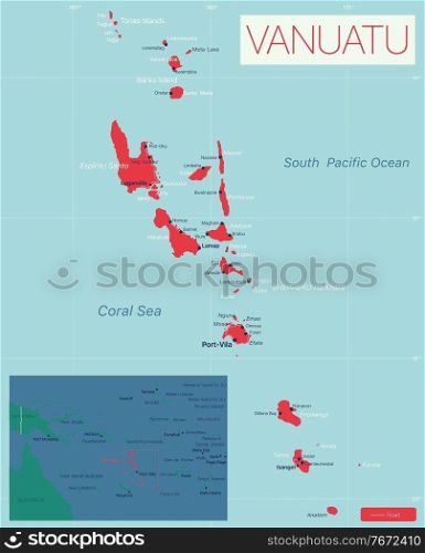 Vanuatu detailed editable map with cities and towns, geographic sites. Vector EPS-10 file. Vanuatu detailed editable map