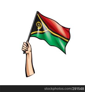 Vanuatu flag and hand on white background. Vector illustration.. Vanuatu flag and hand on white background. Vector illustration