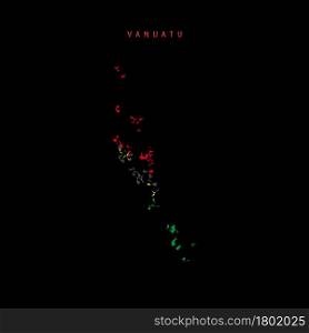 Vanuatu flag map, chaotic particles pattern in the colors of the Vanuatuan flag. Vector illustration isolated on black background.. Vanuatu flag map, chaotic particles pattern in the Vanuatuan flag colors. Vector illustration