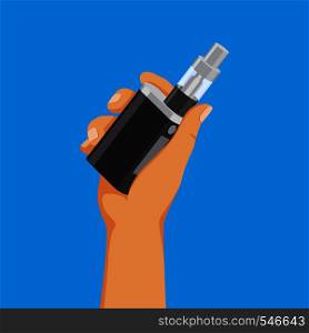 Vape addiction concept, hand holding e-cigarette, vaping stuff, vector illustration. Vape addiction concept, hand holding e-cigarette, vaping stuff, vector illustration.