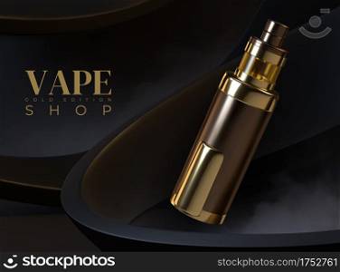 Vape advertising. Realistic electronic cigarette. 3D golden vaping device. Plastic container with liquid aromatic flavor. Black billboard of merchandise limited edition. Vector promotional banner. Vape advertising. Realistic electronic cigarette. 3D vaping device. Plastic container with liquid aromatic flavor. Billboard of merchandise limited edition. Vector promotional banner
