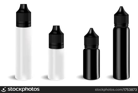 Vape bottle. E liquid container mockup. E juice dropperblank. Cosmetic dropper container. Electronic tobacco jar, vaper packaging with flavour. Vector flask design. Vapor product dropper vial. Vape bottle. E liquid container mockup. E dropper