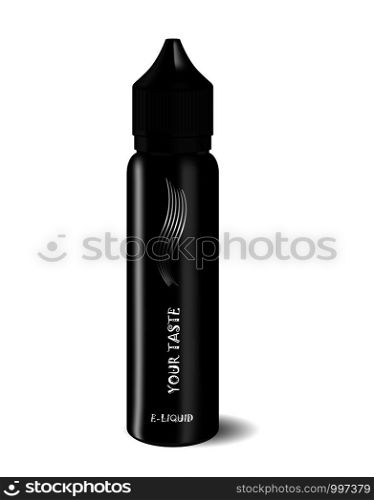 Vape E liquid black dropper bottle. Realistic essential oil jar. Mock up container. Cosmetic vial, flask, flacon isolated on white background. Medical bank.. Vape E liquid dropper bottle. Realistic oil jar.