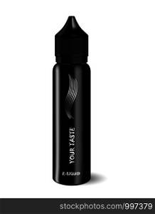 Vape E liquid black dropper bottle. Realistic essential oil jar. Mock up container. Cosmetic vial, flask, flacon isolated on white background. Medical bank.. Vape E liquid dropper bottle. Realistic oil jar.