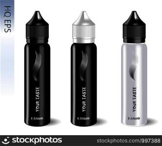 Vape e liquid bottles set with label and simple style logo. Vape jars in black and white color of caps and bodys. High quality EPS10 illustration design.. Vape e liquid bottles set. Vape jars. Vector