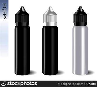 Vape e liquid bottles set with label and simple style logo. Vape jars in black and white color of caps and bodys. High quality EPS10 illustration design.. Vape e liquid bottles set. Vape jars. Vector