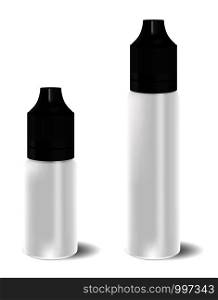 Vape E liquid dropper bottle set in black and white color. Realistic essential oil jar. Mock up container. Cosmetic vial, flask, flacon. Medical bank.. Vape liquid dropper bottle set Realistic essential