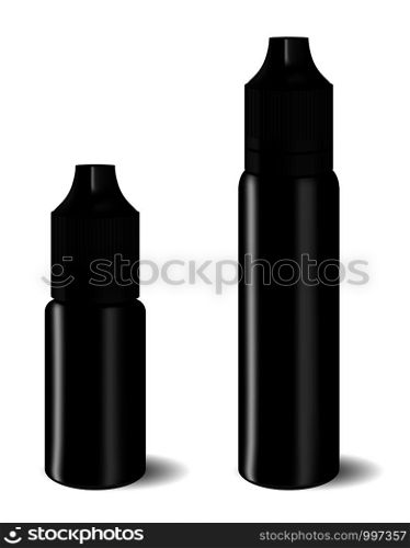 Vape E liquid dropper bottle set in black color. Realistic essential oil jar. Mock up container. Cosmetic vial, flask, flacon isolated on white background. Medical bank.. Vape E liquid dropper bottle set in black oil jar.