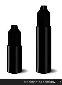 Vape E liquid dropper bottle set in black color. Realistic essential oil jar. Mock up container. Cosmetic vial, flask, flacon isolated on white background. Medical bank.. Vape E liquid dropper bottle set in black oil jar.