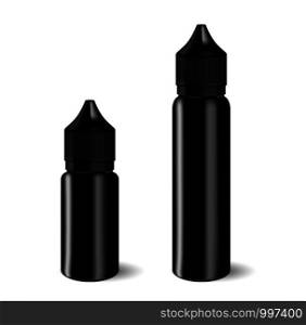 Vape E liquid dropper bottle set in black color. Realistic essential oil jar. Dropper Mock up container. Cosmetic vial, flask, flacon isolated on white . Vape E liquid dropper bottle set in black color.