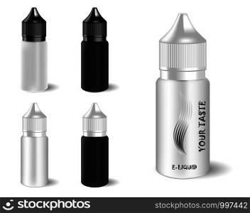 Vape e liquid juice bottles set with label and simple style logo. Vape jars in black and white color of caps and bodys. High quality EPS10 illustration design.. Vape e liquid juice bottles set. Vape jar vial