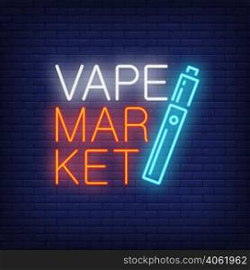 Vape market neon sign. Bright blue cigarette on dark brick wall. Night bright advertisement. Vector illustration in neon style for smoking store and retail company