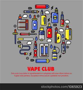 Vape products promotional poster with modern devices for smoking that produce steam with flavor and aroma isolated cartoon flat vector illustrations. Vape products promotional poster with modern devices