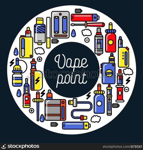Vape products promotional poster with modern devices for smoking that produce steam with flavor and aroma isolated cartoon flat vector illustrations. Vape products promotional poster with modern devices