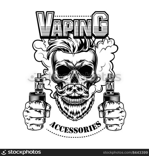 Vaping accessories vector illustration. Trendy hipster bearded skull with electronic cigarettes and vapor. Retail concept for vape bar or store label, poster or emblem template