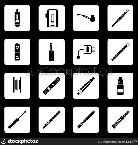 Vaping icons set in white squares on black background simple style vector illustration. Vaping icons set squares vector
