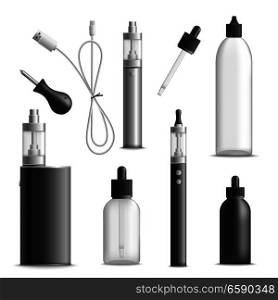 Vaping realistic set with isolated images of vaporizer devices vials for vape liquid and charging wire vector illustration. Vaping Essential Elements Set