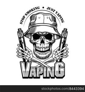 Vaping skull in panama vector illustration. Trendy character in hat with electronic cigarettes, stop smoking text. Retail concept for vape bar or store label, poster or emblem template