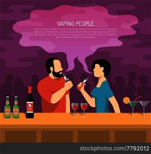 Vapor electronic cigarettes smoking colorful poster with 2 vaping bar visitors and guide summary text vector illustration . Vapor Electronic Cigarettes Smoking Poster 