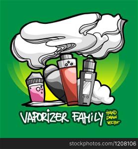 Vaporizer Electric cigarette lines art drawing in Tattoo style with custom text design. Editable vector by layers.