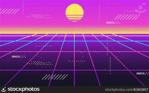 Vaporwave background for disco, virtual trendy, glow vintage retrowave 90s, futuristic neon space. Vector illustration. Vaporwave background for disco, virtual trendy, glow vintage