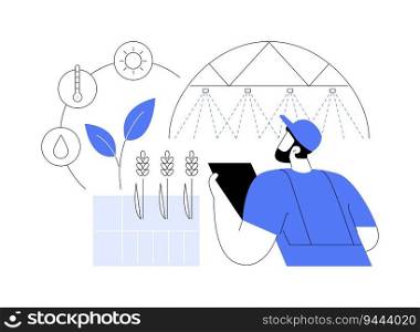 Variable rate irrigation abstract concept vector illustration. Farmer with laptop controls irrigation rate, agroecology industry, watering schedule, sustainable agriculture abstract metaphor.. Variable rate irrigation abstract concept vector illustration.