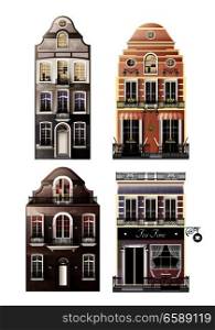 Variations of old european facade houses with arched and traditional windows, porch, balconies, cafe isolated vector illustration . Variations Of Old European Facade Houses
