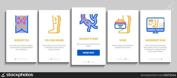 Varicose Veins Disease Onboarding Mobile App Page Screen Vector. Varicose Symptoms And Treatment, Legs Pain And Medicine Cream, Ultrasound And Surgery Illustrations. Varicose Veins Disease Onboarding Elements Icons Set Vector