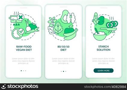 Varieties of vegan diet green onboarding mobile app screen. Walkthrough 3 steps graphic instructions pages with linear concepts. UI, UX, GUI template. Myriad Pro-Bold, Regular fonts used. Varieties of vegan diet green onboarding mobile app screen