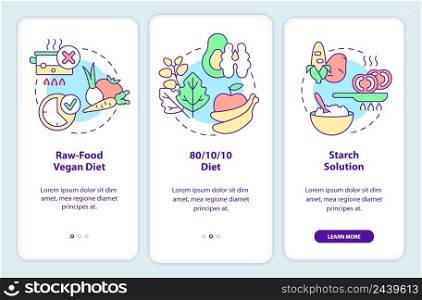Varieties of vegan diet onboarding mobile app screen. Walkthrough 3 steps graphic instructions pages with linear concepts. UI, UX, GUI template. Myriad Pro-Bold, Regular fonts used. Varieties of vegan diet onboarding mobile app screen