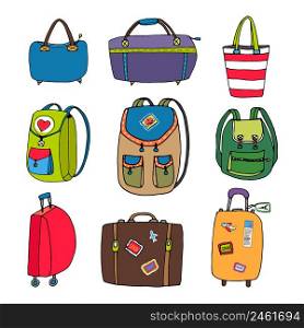 Variety Colorful Luggage Bags Backpacks and Suitcases Isolated on White Background.