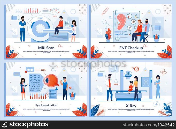 Variety Medical Tests in Doctor Office or Laboratory Flat Set. X-Ray Computer and Magnetic Resonance Tomography. Eye Examination and ENT Checkup. Healthcare, Medicine. Cartoon Vector Illustration. Variety Medical Tests in Doctor Office or Lab Set